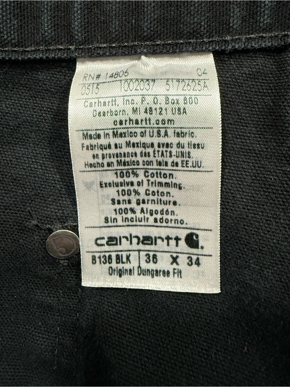 Men’s Carhartt B136 Black Distressed Faded Double Front Work Pants Size 36x34